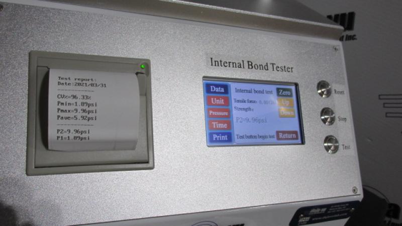 Internal Bond ZDT Tensile Tester Internal Bond ZDT Tensile Tester - This ZDT tester conforms to TAPPI T-541 requirements. The test is broadly stated, a compression bond cycle, followed by a tensile test, performed automatically. It features touch screen technology and on board printing capability installed. Power requirement isĀ 115 volt 60HZ, requires 60 psi clean compressed air supply. Size is 34 x 33 x52 cm, weight is 33 KG (73 pounds). Our normal unit features pound and inches data presentation, but we can supply special order in metric units also. Measurement range is 2-145 PSI at 1 % accuracy. Test area of platens is 1 sq. in. Test speed can be set 1-8 inches per minute, T-541 speed is 2.6 in/minute.